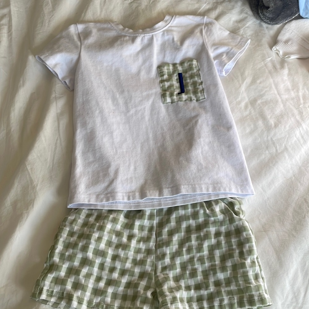 White T-shirt with monogrammed J- matching green gingham shorts